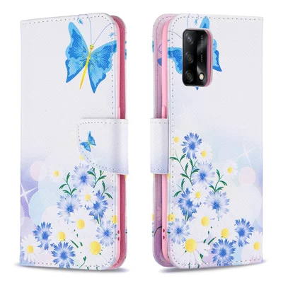 Pattern Printing Textured Leather Wallet Stand Case with Magnetic Clasp Closure for Oppo A74 4G/F19 4G - Blue Butterflies and Flowers