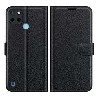 Litchi Skin Folio Flip Cover Leather Wallet Cell Phone Case with Stand for Realme C21Y - Black