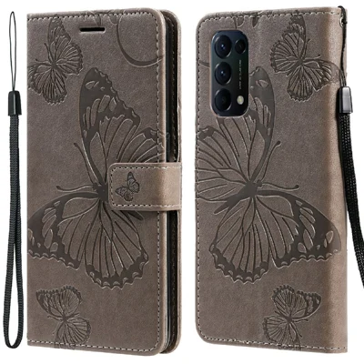 For Oppo Reno5 4G / 5G / Reno5 K / Find X3 Lite Wallet Case Floral Butterfly Imprinted Leather Phone Cover Stand - Grey