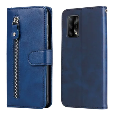 Fashionable Flip Phone Case Zipper Pocket Design Wallet PU Leather Phone Cover for Oppo F19 / A74 4G - Blue