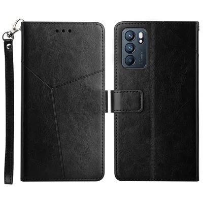 Imprinting Y-shaped Line Stand Wallet Leather Case Shell for Oppo Reno6 5G - Black