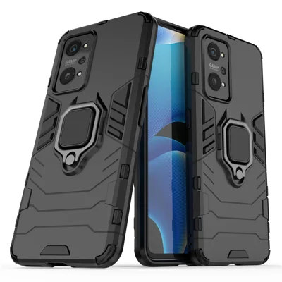 Valbestendige dubbellagige zachte TPU + harde PC-telefoonhoes met ringhouder en standaard voor Realme GT Neo2 5G/GT Neo 3T 5G - Zwart