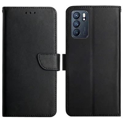 Nappa Texture Genuine Leather Outer Cover + Soft TPU Inner Shell Solid Color Stand Wallet Case for Oppo Reno6 5G - Black