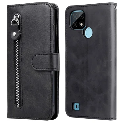 Shockproof Anti-scratch Phone Covering PU Leather Zippered Pocket Phone Case Coin Wallet Stand Folding Case for Realme C21Y/C21/C25Y - Black