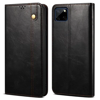Anti-fall Waxy Crazy Horse Texture PU Leather Wallet Case Stand Magnetic Absorption Phone Cover for Realme C21Y/C25Y - Black