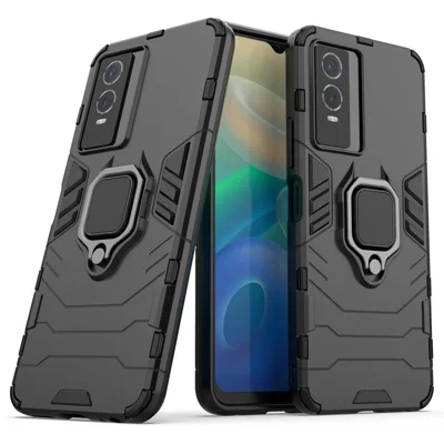 Funda resistente de PC rígida y TPU flexible con protección contra caídas, absorción de impactos y soporte para vivo Y76s - Negro