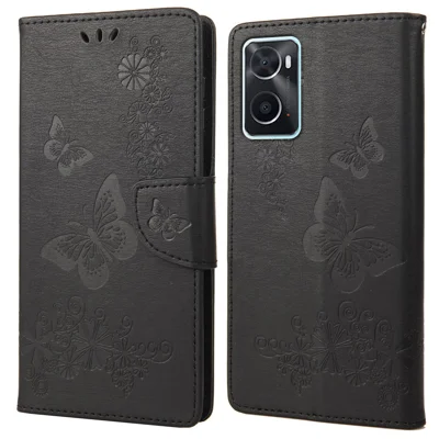 For Oppo A36/A76/Realme 9i Imprinted Butterfly Pattern PU Leather Magnetic Case Wallet Stand Flip Shockproof Cover - Black