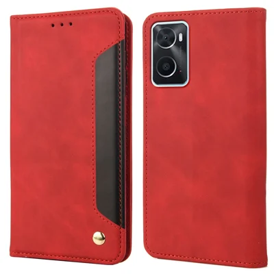 For Oppo A36/A76/Realme 9i Splicing PU Leather Case Full Protection Skin-feeling Touch Stand Flip Folio Wallet Cover - Red