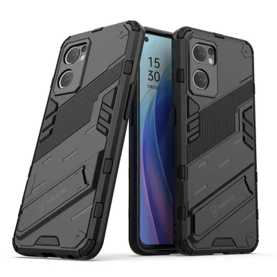 غطاء خلفي للهاتف من مادة البولي كربونات + مادة البولي يوريثان الحراري لهاتف Oppo Reno7 5G (نسخة عالمية) صلب من الخارج لين من الداخل مع حامل قابل للطي ومقاوم للسقوط - أسود
