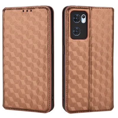 غطاء جلد PU مطلي بتصميم معيني قابل للطي مع حامل ومغناطيس إغلاق لهاتف Oppo Reno7 5G (عالمي)/Find X5 Lite - بني
