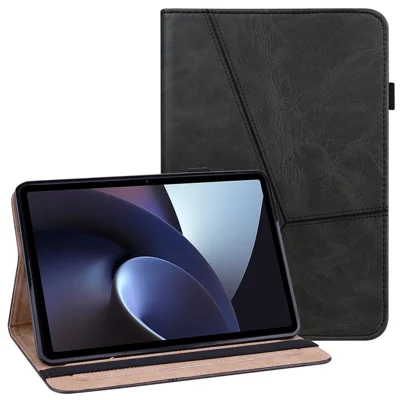 غطاء لوحي من جلد البولي يوريثان المطبوع لجهاز Oppo Pad مع حامل قابل للتعديل وحامي من الصدمات وحامل للبطاقات - أسود