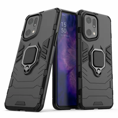 For Oppo Find X5 Pro Drop-proof TPU+ Hard PC Case Ring Kickstand Precise Cutout Back Cover - Black