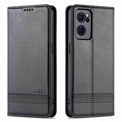 AZNS لجهاز Oppo Reno7 5G (عالمي) غطاء هاتف من جلد PU مزخرف مع محفظة وحامل ومغناطيس مدمج يلتصق تلقائيًا - أسود