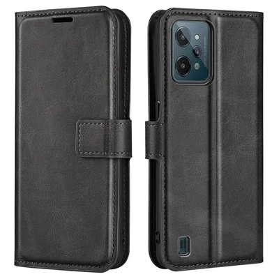 Textured PU Leather Stand Phone Case for Realme C31 4G, Square Magnetic Clasp Wallet Shell - Black