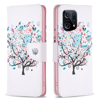 Capa Carteira em Couro PU com Estampa para Telemóvel Oppo Find X5 com Suporte - Árvore com Flores