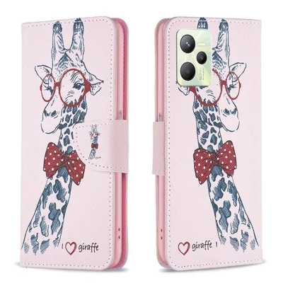 For Realme C35 Phone Case Pattern Printing PU Leather Wallet Stand Cover - Giraffe