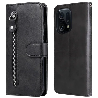 For Oppo Find X5 Pro Stylish Multi-Function Zippered Pocket Cowhide PU Leather Wallet Phone Stand Shell - Black