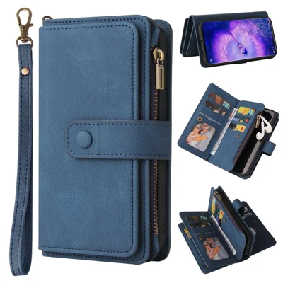 Handytasche mit Reißverschluss für Oppo Find X5 Pro, Leder-Handyhülle mit 15 Kartenfächern und Gurt - Blau