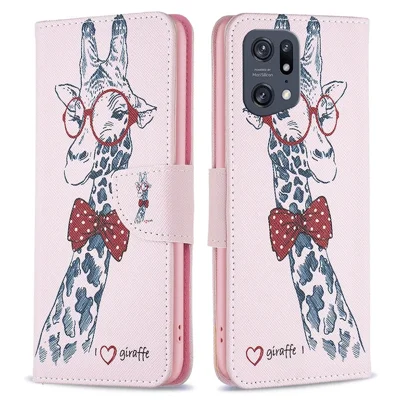 Handyhülle für Oppo Find X5 Pro mit Musterdruck, PU-Leder, Brieftasche mit Ständerfunktion – Giraffe