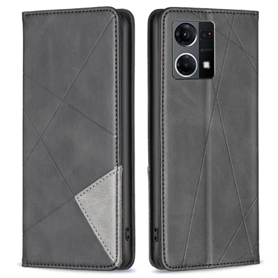 For Oppo Reno7 4G / F21 Pro 4G Leather Case with Card Holder Imprinting Pattern Phone Stand Cover - Black