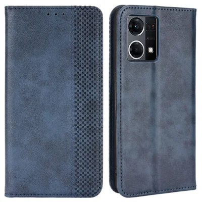 For Oppo Reno7 4G / F21 Pro 4G / Reno8 4G Retro Wallet Flip Cover PU Leather TPU Inner Shell Auto Closing Magnetic Stand Folio Full Protection Cover - Blue