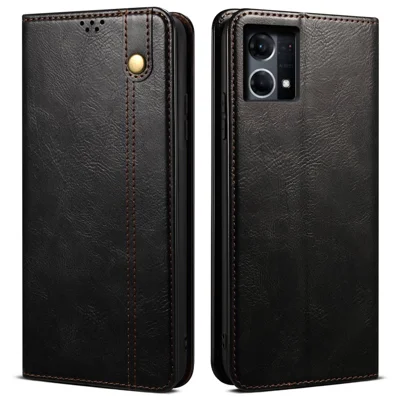 Waxy Crazy Horse Texture Case for Oppo Reno7 4G/F21 Pro 4G, Magnetic Auto-absorbed Shockproof Stand Wallet Style Leather Mobile Phone Cover - Black