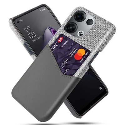 For Oppo Reno8 5G / Reno8 5G (Global Version) Card Slot Phone Case Cloth Texture PU Leather Coated Hard PC Inner Anti-Scratch Protective Cover - Grey