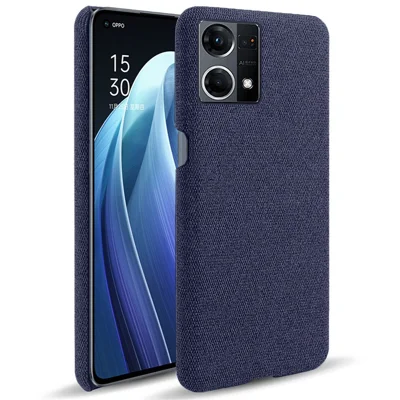 For Oppo Reno7 4G Cloth Texture Phone Case Solid Color Hard PC + Cloth Protective Cover - Blue