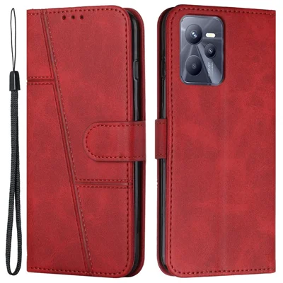 For Realme C35/Narzo 50A Prime Full Protection Flip Case Stitching PU Leather Magnetic Phone Case Folio Stand Cover with Strap Card Holder - Red