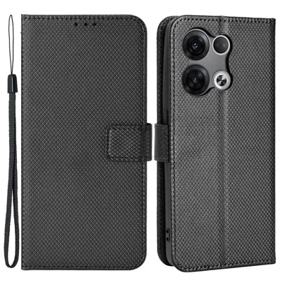 Capa com Textura de Diamante Anti-Risco para Oppo Reno8 5G / Reno8 5G (Versão Global), Capa Carteira de Couro PU com Suporte Flip Phone Shell - Preto