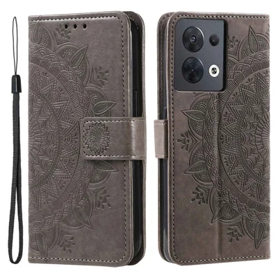 For Oppo Reno8 5G (Global Version) / Reno8 5G Shockproof Phone Wallet Case Imprinted Mandala Flower Pattern PU Leather Wrist Strap Stand Feature Flip Cover - Grey