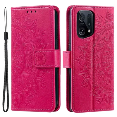 For Oppo Find X5 5G Folio Stand Cover Mandala Flower Pattern Imprinted PU Leather Wallet Shockproof Flip Case with TPU Inner Wrist Strap - Rose