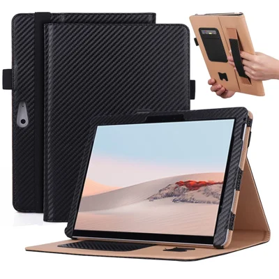 For Microsoft Surface Go 2/3 Carbon Fiber Texture PU Leather Folding Stand Case Card Slots Design Tablet Shell Cover with Hand Band and Pencil Holder - Black