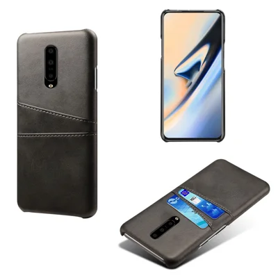 Double Card Slots PU Leather Coated PC Cell Phone Case for OnePlus 7 Pro - Black