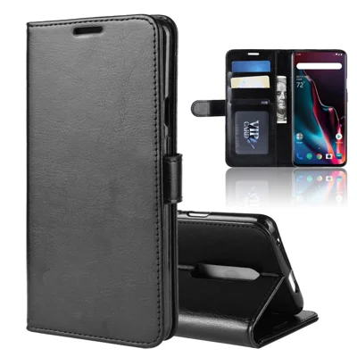 For OnePlus 7 Pro Crazy Horse Wallet Stand Leather Cell Phone Cover - Black