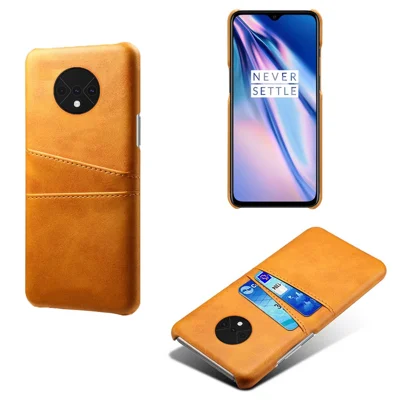 KSQ Double Card Slots PU Case de PC Con Recubrimiento de Cuero Para OnePlus 7T - Naranja