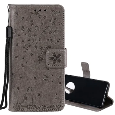 Imprint Flower and Cat Wallet Phone Flip Leather Shell for OnePlus 7T - Grey
