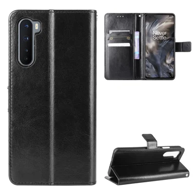 Crazy Horse Wallet Stand Leather Case with Strap for OnePlus Nord - Black
