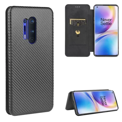 غطاء هاتف جلد بأناقة ألياف الكربون مع إغلاق مغناطيسي تلقائي لهاتف OnePlus 8 Pro - أسود