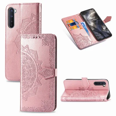 Embossed Mandala Flower Leather Case with Wallet Stand for OnePlus Nord - Rose Gold
