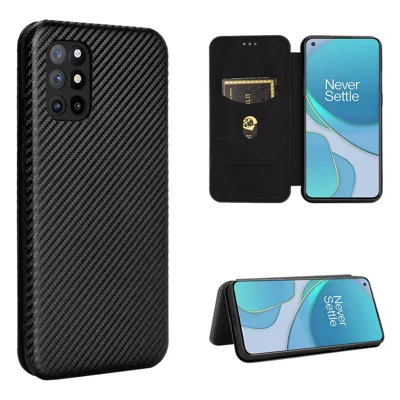 Til OnePlus 8T Kulstofstruktur Automatisk lukkende Flip-læderdæksel Ståfunktion Kortplads - Sort