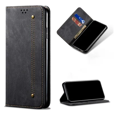 Vintage-style taske i jeansstof med lomme, læderet telefonbeskytning med ståfunktion til OnePlus 8T - Sort