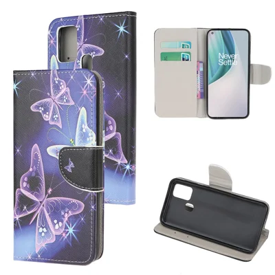Cross Texture Pattern Printing Leather Wallet Stand Cover Case for OnePlus Nord N10 5G - Purple Butterfly