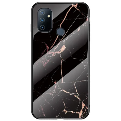 Stylish Marble Pattern Shell for OnePlus Nord N100, Tempered Glass + PC Back Anti-Scratch Soft TPU Bumper Frame Phone Case - Gold Black Marble