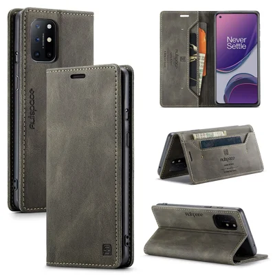 AUTSPACE A01 Serie RFID-blokerende retro mat lærmappe til OnePlus 8T – Grøn