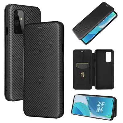 For OnePlus 9 (EU / US Version) Carbon Fiber Magnetic Suction Leather Shell with Card Holder - Black