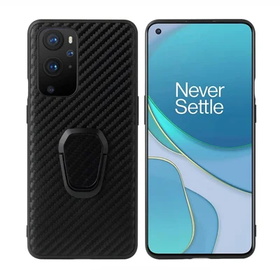 Ring-Shape Kickstand Design PU Leather Coated TPU Phone Cover Shell with Built-in Metal Sheet for OnePlus 9 Pro - Carbon Fiber Texture
