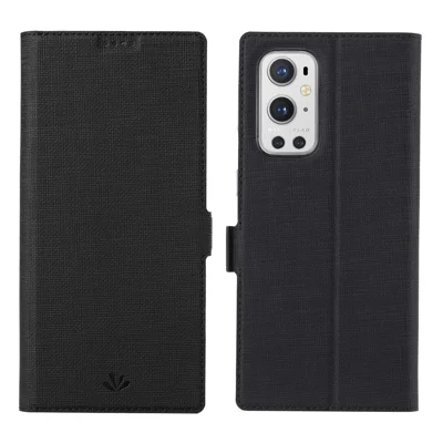 VILI DMK Series Double Magnetic Clasp Cross Texture Leather Wallet Stand Cover Case for OnePlus 9 Pro - Black