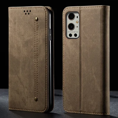 Jeans Cloth Texture Leather Wallet Stand Case for OnePlus 9 Pro - Green