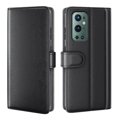 Echtes Spaltleder-Geldbörsen-Schutzhülle mit Ständer für OnePlus 9 Pro - Schwarz